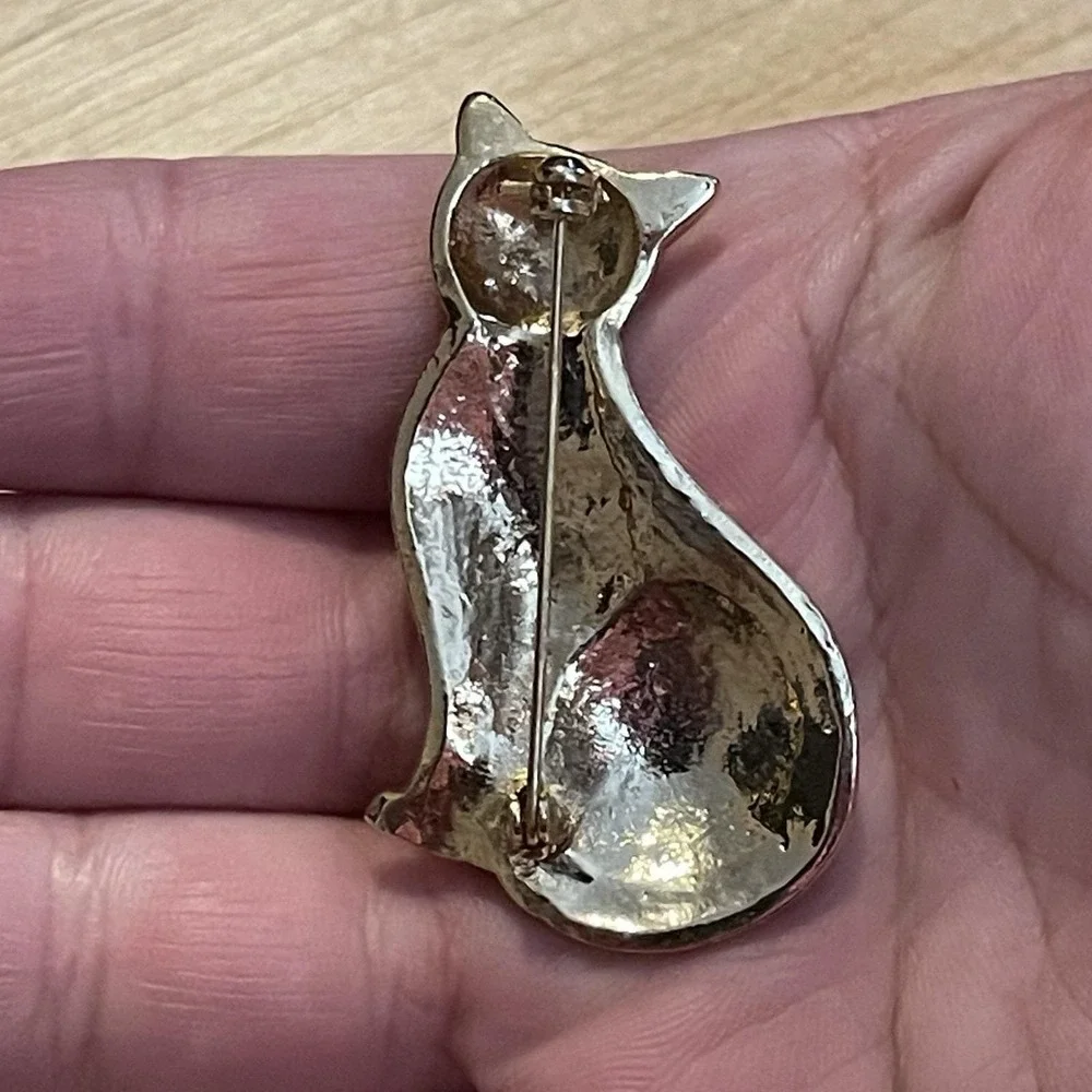 Vintage 1990s Black Cat Metal Enamel Brooch Gold Tone Kitten Pin